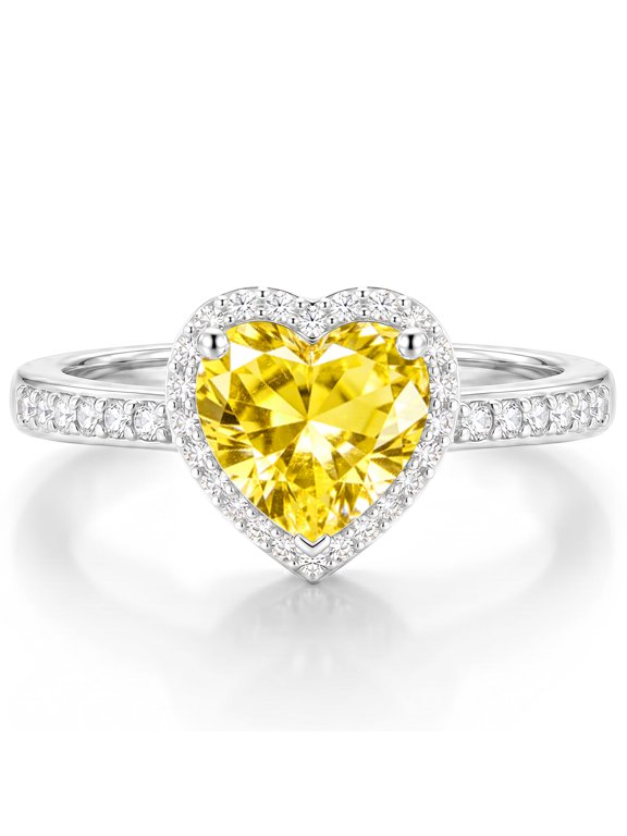 925 Silver Plated Love Heart Rings for Women CZ November Birthstone Ring with Yellow Citrine Topaz Eternity Promise Band Engagement Wedding Birthday Jewelry Gifts Teen Girls Stocking Stuffers