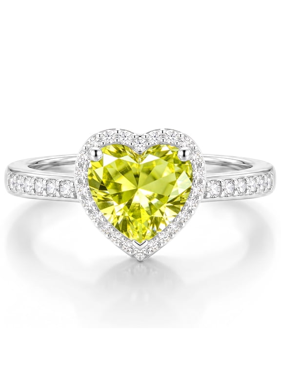 925 Silver Plated Love Heart Rings for Women CZ August Birthstone Ring with Peridot Eternity Promise Band Engagement Wedding Birthday Jewelry Gifts Teen Girls Stocking Stuffers Kids