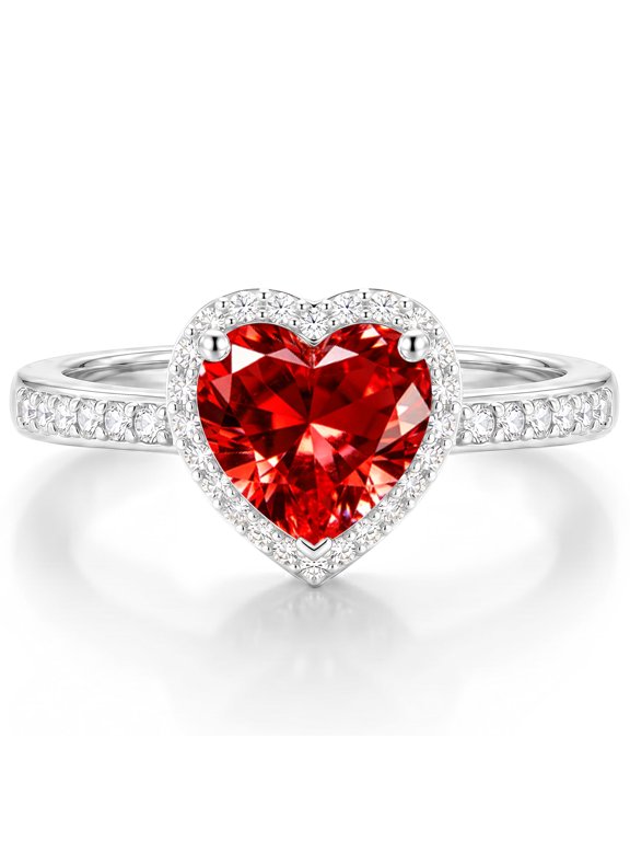 925 Silver Plated Love Heart Rings for Women CZ January Birthstone Ring with Red Garnet Eternity Promise Band Engagement Wedding Birthday Jewelry Gifts Teen Girls Stocking Stuffers Kids