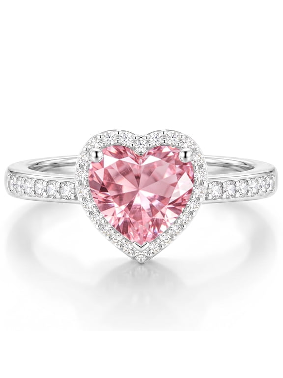 925 Silver Plated Love Heart Rings for Women CZ October Birthstone Ring with Pink Tourmaline Eternity Promise Band Engagement Wedding Birthday Jewelry Gifts Teen Girls Stocking Stuffers Kids