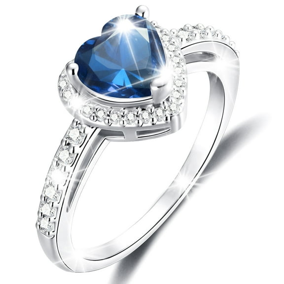 APSVO Love Heart Rings for Women Girls S925 Sterling Silver CZ September Birthstone Ring with Blue Sapphire Promise Band Wedding Birthday Valentines Day Jewelry Gifts Teen Her Lady Adults Kids Ideas