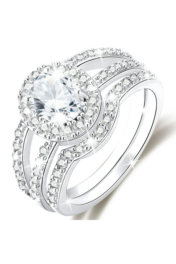 18K White Gold Plated Oval Wedding Rings for Women CZ S925 Sterling Silver Eternity Promise Band Engagement Rings Set Birthday Valentines Day Jewelry Gifts Her Mom Wife Girlfriend Adults Ideas