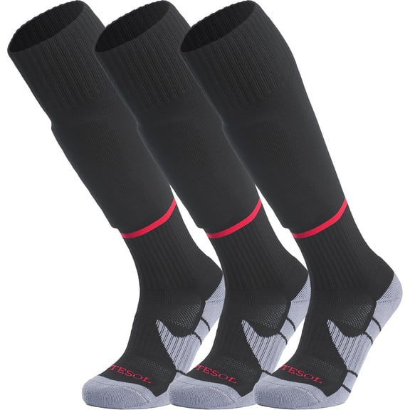 APTESOL Knee High Soccer Socks Team Sport Cushion Socks for Boys Girls Men Women [3-Pair Black,L]