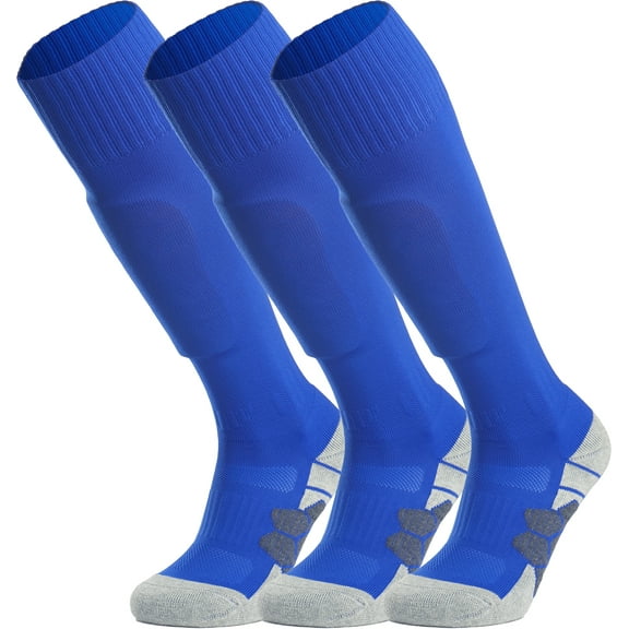 APTESOL Knee High Soccer Socks Team Sport Cushion Socks for Boys Girls Men Women [3-Pair Blue,L]