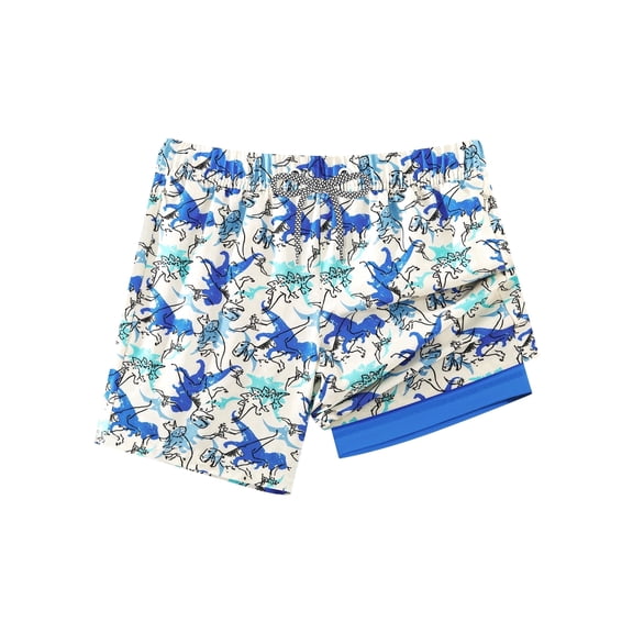 APTRO 2 in 1 Boy's Swim Trunks Quick Dry Kids Bathing Suits Zipper Pockets Board Shorts Dinosaur Blue 5-16Y