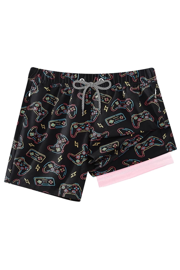 2 in 1 Boy's Swim Trunks Quick Dry Kids Bathing Suits Zipper Pockets Board Shorts Game Black 5-16Y