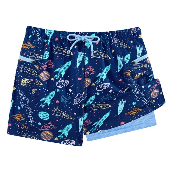 APTRO Boy's Swim Trunks with Compression Liner Swim Shorts Zipper Pockets Swimsuits Space Ship 5-16 Years