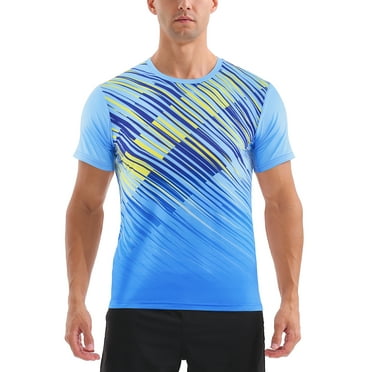 APTRO Men's and Big Men's Athletic Core Gym T-Shirt Quick Dry Moisture Wicking Short Sleeve Workout Running Shirt Stripe Gradient Blue Shirt,Sizes S-3XL