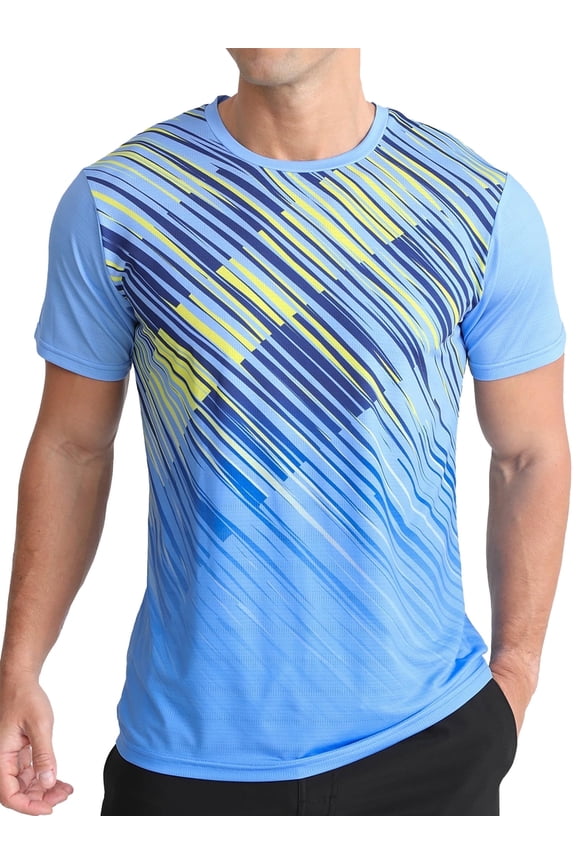 Men's and Big Men's Workout Shirt Athletic Core Shirt Quick Dry Moisture Wicking Short Sleeve Performance T-Shirt Stripe Gradient Blue,Sizes S-3XL