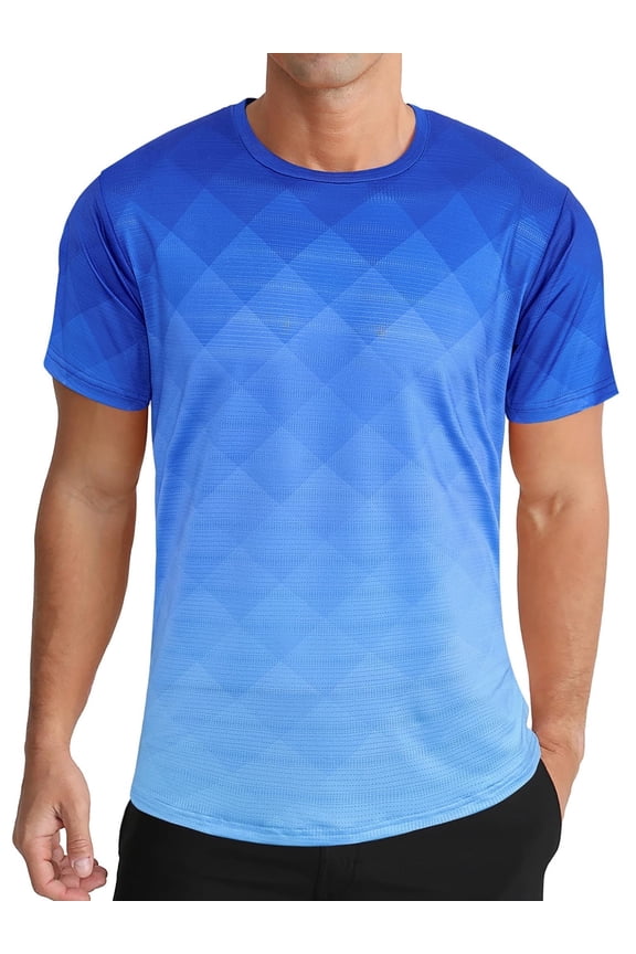 Men's and Big Men's Athletic Core T-Shirt Quick Dry Moisture Wicking Short Sleeve Shirt Workout Running T-Shirt Grid Gradient Deep Blue,Sizes S-3XL