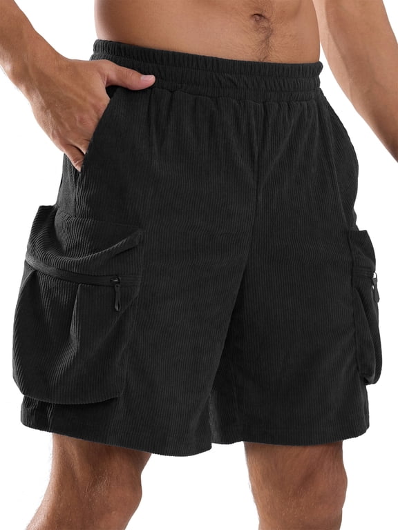 Men's Cargo Shorts 9" Elastic Waist Drawstring Summer Casual Corduroy Work Shorts with Zipper Pockets Black 2XL