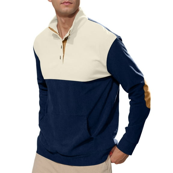 APTRO Men's Corduroy Elbow Pad Sweatshirt Casual Long Sleeve Stand Collar Button Pullover Sweatshirts with Pockets Blue&White M