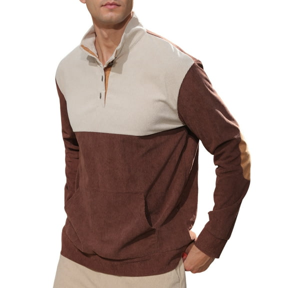 APTRO Men's Corduroy Elbow Pad Sweatshirt Casual Long Sleeve Stand Collar Button Pullover Sweatshirts with Pockets Brown&White 2XL