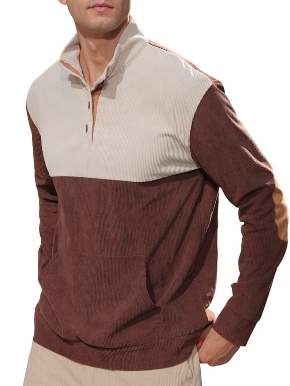 Men's Corduroy Elbow Pad Sweatshirt Casual Long Sleeve Stand Collar Button Pullover Sweatshirts with Pockets Brown&White L
