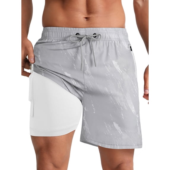 APTRO Men's Swim Trunks 5 Inch with Compression Liner Board Shorts Quick Dry Bathing Suit Zipper Pockets Gray L