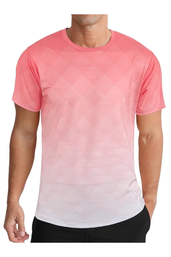 Men's and Big Men's Workout Shirt Athletic Core Shirt Quick Dry Moisture Wicking Short Sleeve Performance T-Shirt Grid Gradient Pink,Sizes S-3XL