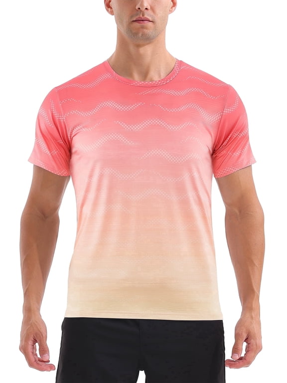 Men's and Big Men's Workout Shirt Athletic Core Shirt Quick Dry Moisture Wicking Short Sleeve Performance T-Shirt Gradient Pink-orange,Sizes S-3XL