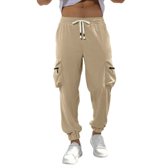 APTRO Mens Corduroy Sweatpants Casual Cargo Pants Elastic Waist Drawstring Baggy Tapered Jogger Pants with Zipper Pockets Beige MG020 3XL