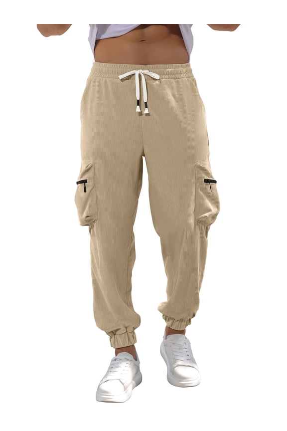 Mens Corduroy Sweatpants Casual Cargo Pants Elastic Waist Drawstring Baggy Tapered Jogger Pants with Zipper Pockets Beige MG020 XL