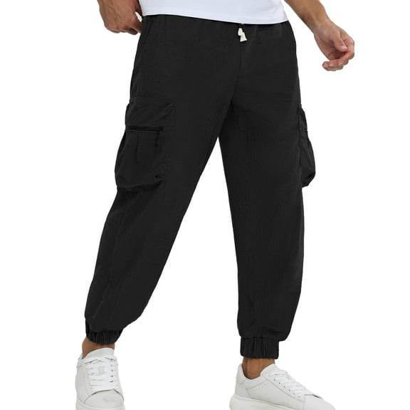 APTRO Mens Corduroy Sweatpants Casual Cargo Pants Elastic Waist Drawstring Baggy Tapered Jogger Pants with Zipper Pockets Black MG018 L