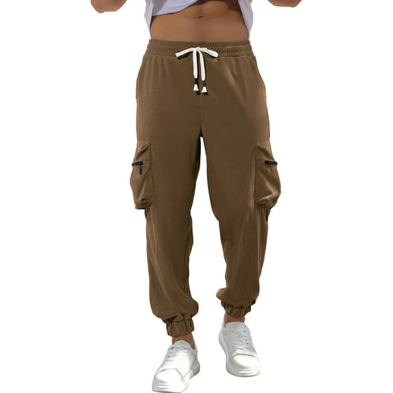 APTRO Mens Corduroy Sweatpants Casual Cargo Pants Elastic Waist Drawstring Baggy Tapered Jogger Pants with Zipper Pockets Brown MG019 L