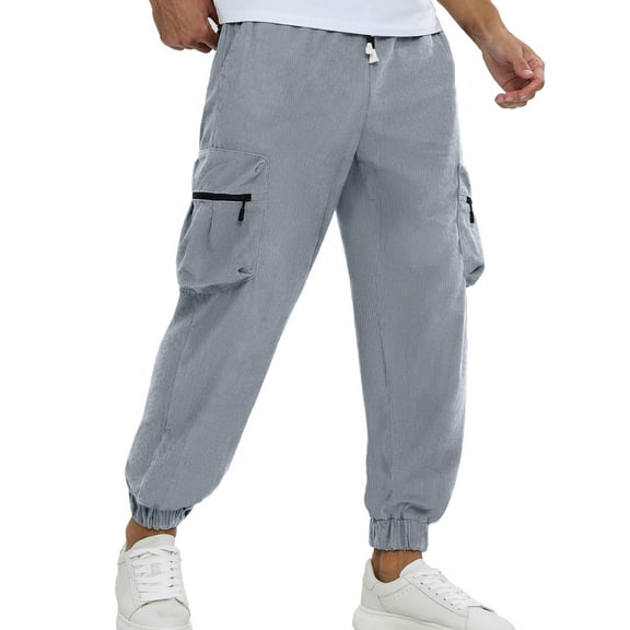 APTRO Mens Corduroy Sweatpants Casual Cargo Pants Elastic Waist Drawstring Baggy Tapered Jogger Pants with Zipper Pockets Dusty Blue MG021 L