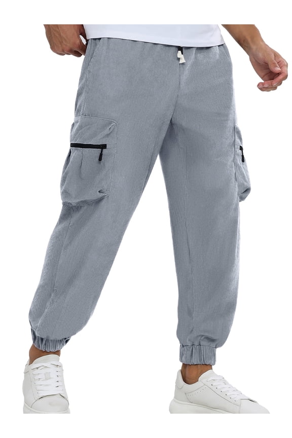 Mens Corduroy Sweatpants Casual Cargo Pants Elastic Waist Drawstring Baggy Tapered Jogger Pants with Zipper Pockets Dusty Blue MG021 M