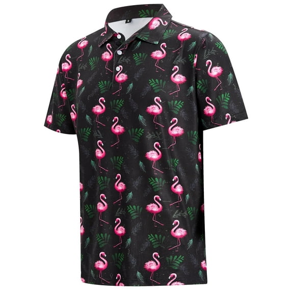 APTRO Mens Golf Shirt Short Sleeve Floral Polo Shirt Dry Fit Printed Performance Moisture Wicking Collared Polo Shirt Flamingo Black MPO05 2XL