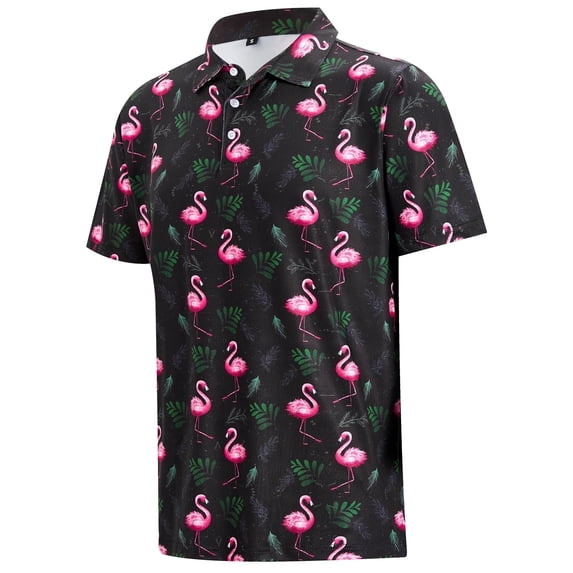 APTRO Mens Golf Shirt Hawaiian Polo Shirt Short Sleeve Dry Fit Performance Moisture Wicking Collared Polo Shirt With Print Flamingo Black MPO05 L