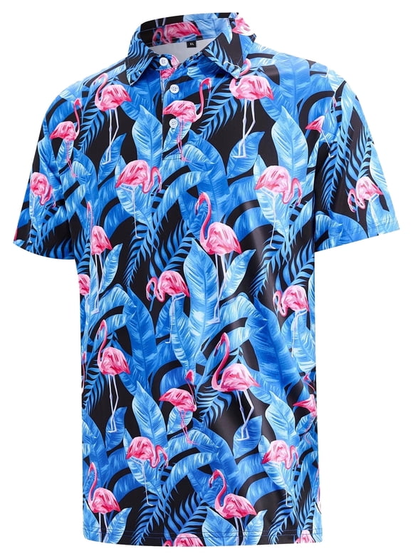 Mens Golf Shirt Hawaiian Polo Shirt Short Sleeve Dry Fit Performance Moisture Wicking Collared Polo Shirt With Print Flamingo Blue MPO04 L