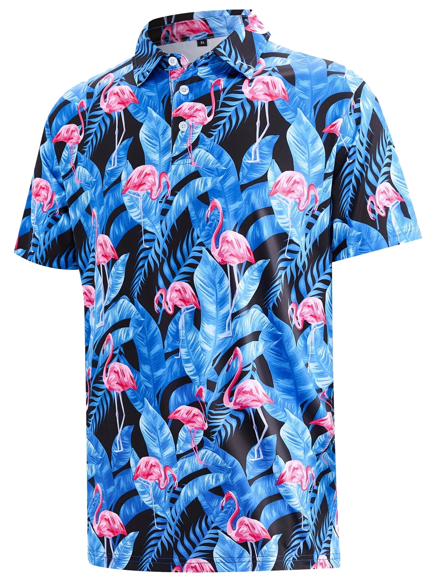 Mens Golf Shirt Short Sleeve Floral Polo Shirt Dry Fit Printed Performance Moisture Wicking Collared Polo Shirt Flamingo Blue MPO04 L