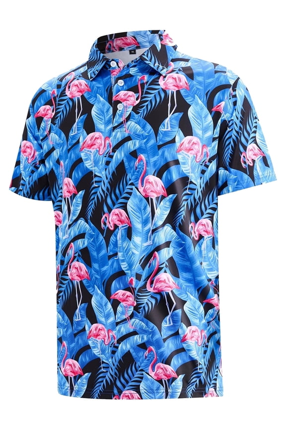 Mens Golf Shirt Hawaiian Polo Shirt Short Sleeve Dry Fit Performance Moisture Wicking Collared Polo Shirt With Print Flamingo Blue MPO04 XL