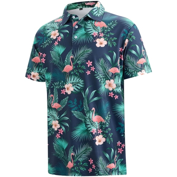 APTRO Mens Golf Shirt Hawaiian Polo Shirt Short Sleeve Dry Fit Performance Moisture Wicking Collared Polo Shirt With Print Flamingo Navy MPO24 S