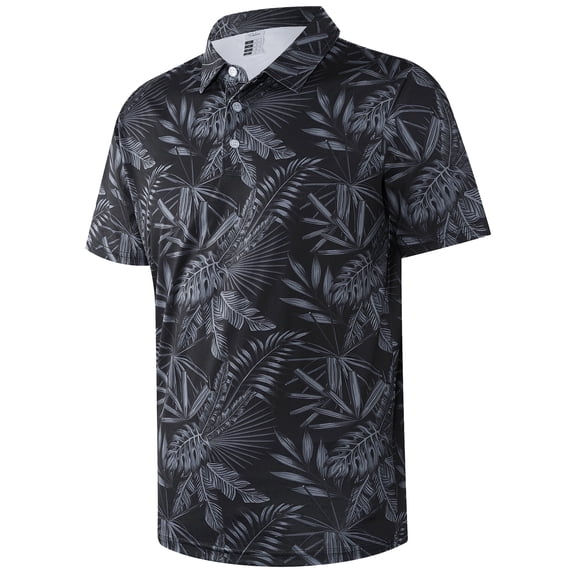 APTRO Mens Golf Shirt Hawaiian Polo Shirt Short Sleeve Dry Fit Performance Moisture Wicking Collared Polo Shirt With Print Leaf Black MPO78 3XL