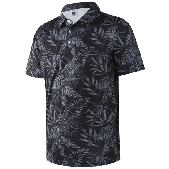 APTRO Mens Golf Shirt Hawaiian Polo Shirt Short Sleeve Dry Fit Performance Moisture Wicking Collared Polo Shirt With Print Leaf Black MPO78 L