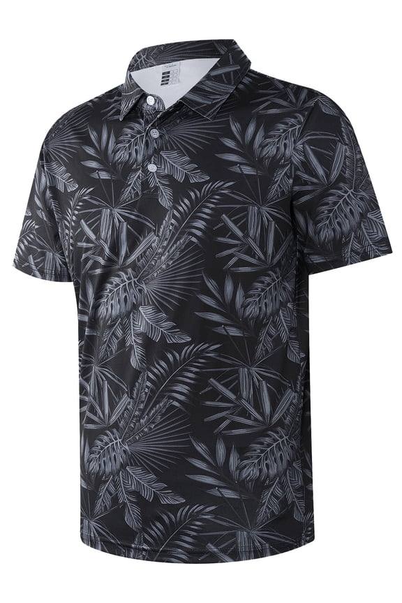 Mens Golf Shirt Hawaiian Polo Shirt Short Sleeve Dry Fit Performance Moisture Wicking Collared Polo Shirt With Print Leaf Black MPO78 L
