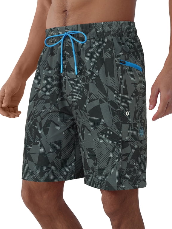 Mens Swim Trunks 9'' With Pockets Quick Dry Swim Shorts Board Shorts Bathing Suit Swimsuit Summer Beach Shorts Geometric Pattern Black L