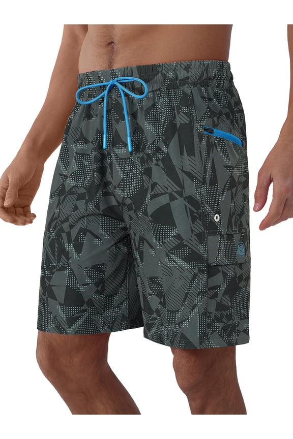 Mens Swim Trunks 9'' With Pockets Quick Dry Swim Shorts Board Shorts Bathing Suit Swimsuit Summer Beach Shorts Geometric Pattern Black L