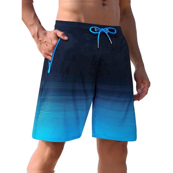 APTRO Mens Swim Trunks 9 inch Bathing Suit With Zipper Pockets Quick Dry Mesh Liner Swim Shorts Board Shorts Swimsuit Beach Shorts Grid Dark Blue 2XL