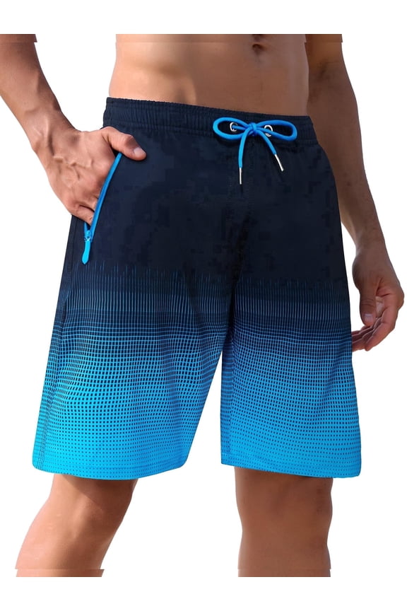 Mens Swim Trunks 9 inch Bathing Suit With Zipper Pockets Quick Dry Mesh Liner Swim Shorts Board Shorts Swimsuit Beach Shorts Grid Dark Blue L