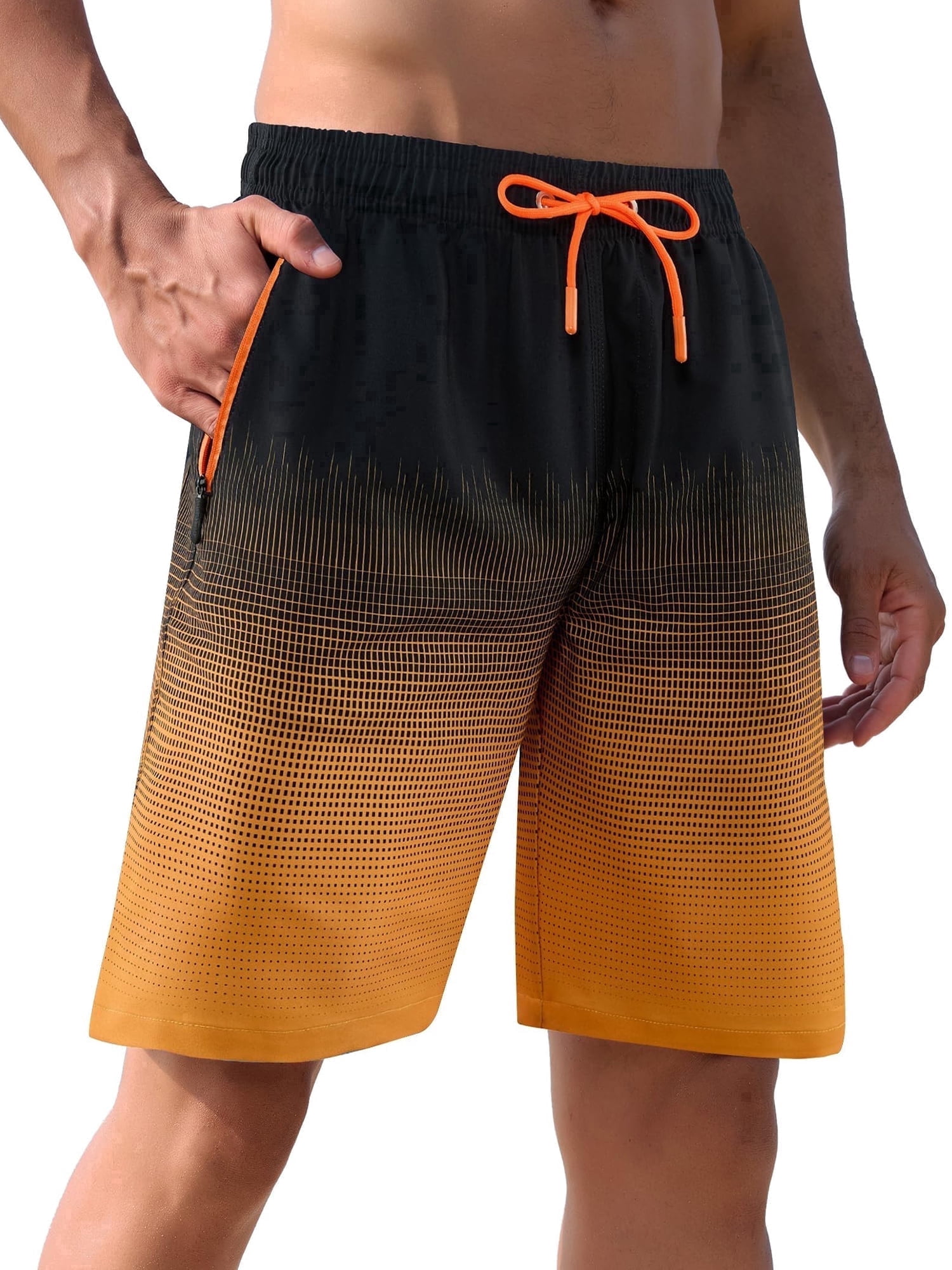APTRO Mens Swim Trunks 9 inch Bathing Suit With Zipper Pockets Quick Dry Mesh Liner Swim Shorts Board Shorts Swimsuit Beach Shorts Grid Dark Orange 2XL