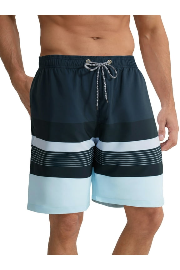 Mens Swim Trunks 9" Mesh Liner Quick Dry Striped Swim Shorts Bathing Suit Swimsuit Summer Beach Shorts Black MK291 M