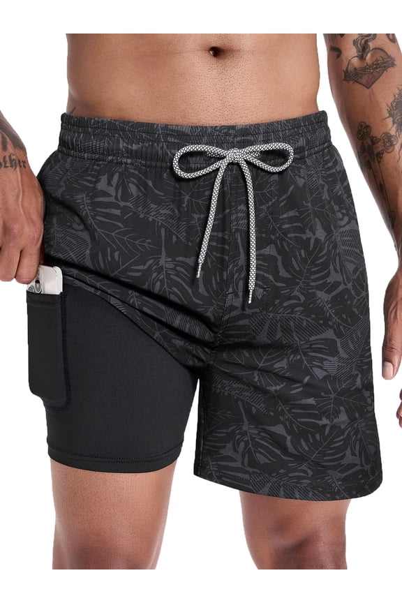 Mens Swim Trunks With 2 in 1 Compression Liner 5.5"Board Shorts Quick Dry Swimming Bathing Suit Summer Beach Shorts Black 01 XL