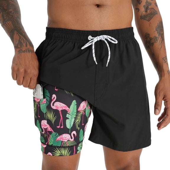 APTRO Mens Swim Trunks With 2 in 1 Compression Liner 5.5"Board Shorts Quick Dry Swimming Bathing Suit Summer Beach Shorts Black MK265 M