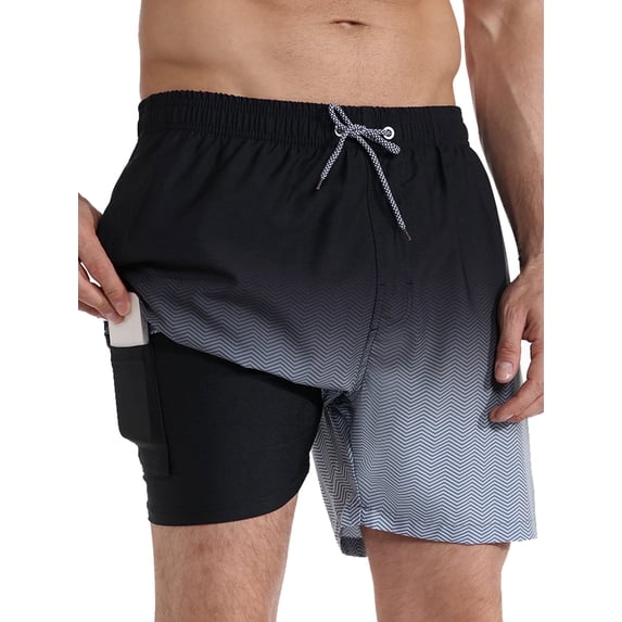 APTRO Mens Swim Trunks With 2 in 1 Compression Liner 5.5"Board Shorts Quick Dry Swimming Bathing Suit Summer Beach Shorts Gradient Black MK173