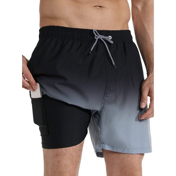 APTRO Mens Swim Trunks With 2 in 1 Liner 5.5"Board Shorts Quick Dry Swimming Bathing Suit Summer Beach Shorts Gradient Black MK173