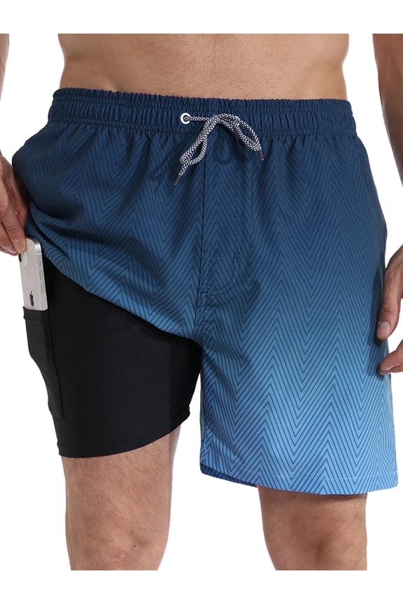 Mens Swim Trunks With 2 in 1 Compression Liner 5.5"Board Shorts Quick Dry Swimming Bathing Suit Summer Beach Shorts Gradient Dark Blue MK172