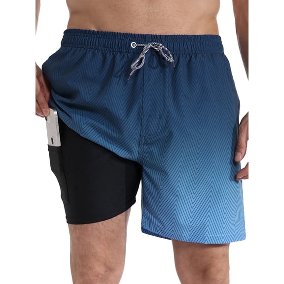 APTRO Mens Swim Trunks With 2 in 1 Compression Liner 5.5"Board Shorts Quick Dry Swimming Bathing Suit Summer Beach Shorts Gradient Dark Blue MK172