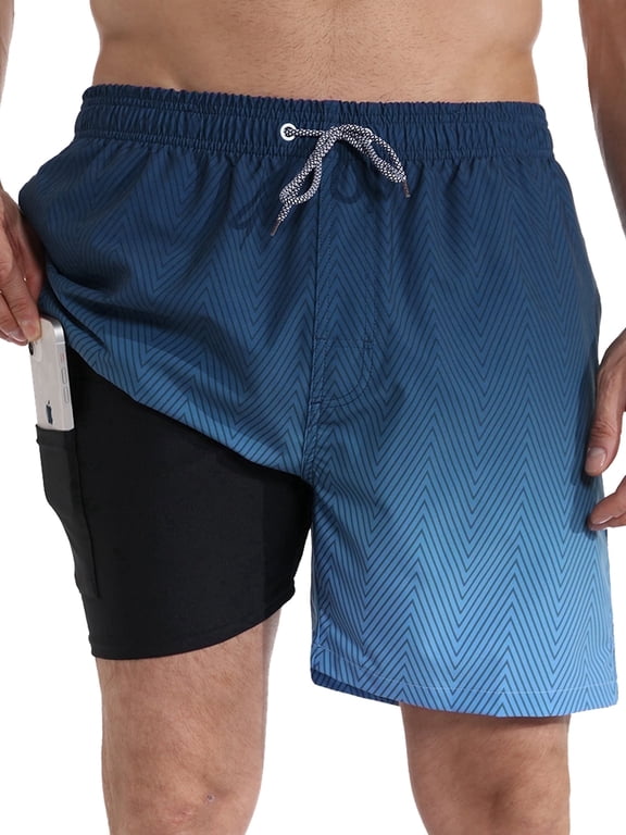 Mens Swim Trunks With 2 in 1 Compression Liner 5.5"Board Shorts Quick Dry Swimming Bathing Suit Summer Beach Shorts Gradient Dark Blue MK172