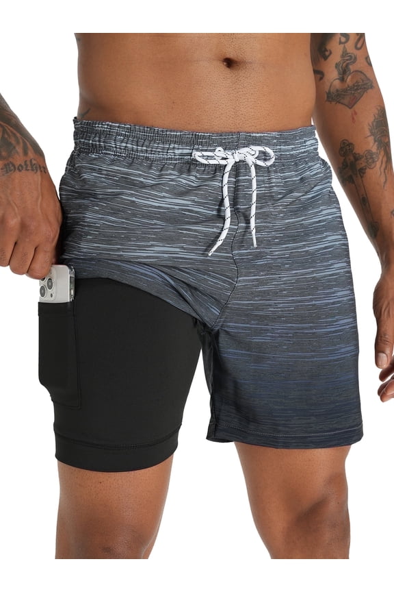 Mens Swim Trunks With 2 in 1 Compression Liner 5.5"Board Shorts Quick Dry Swimming Bathing Suit Summer Beach Shorts Gradient Gray MK270